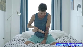 Preview 1 of Japanese Mom Fuck Son In A Car - Skinny tattooed stud toying asshole and tugging cock