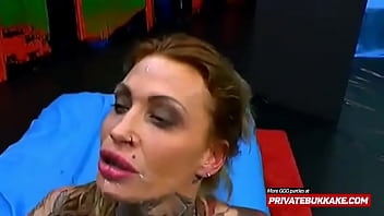 Preview 2 of Xxx Balck Man White Gril Love - Tatooed whore gets facial cum eating in private gangbang pary