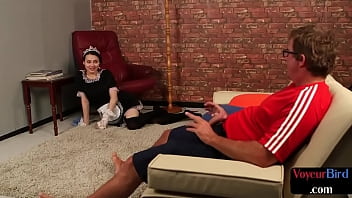 Preview 2 of Baby Tits Party - French maid cfnm dom teases body for her jerking sub