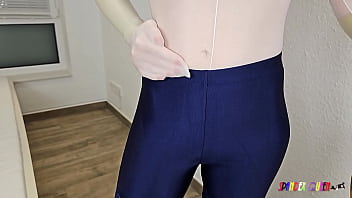 Preview 1 of Tsubasa Amami Fuck Porn - SpandexQueen sucks dick,  comes twice in her blue spandex lace shorts   white nylon suit and gets a huge facial