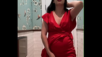 Preview 1 of Sonia Lian - Hot brunette in red dress masturbates in a public restaurant