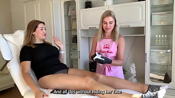Preview 1 of Lesbian Massang Sex - Waxing beautiful long legs for a sexy client with a gorgeous shape