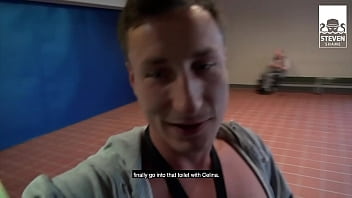 Preview 2 of Milk Fakeg - THREESOME on PUBLIC TOILET: 2 DICKS FUCKERS share HORNY BLONDIE CELINA DAVIS (FULL SCENE)! StevenShame.Dating