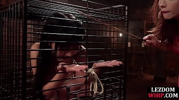Preview 3 of Bonjour Antine - Asian babe gets fingered and does blowjob in cage to redhead