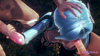 Preview 2 of Crimping Sex Full Hd - Genshin Impact Hentai - Eula in a threesome blowjob with cum in her tits and mouth - Anime manga game hentai
