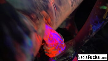 Preview 2 of Girl Braces - Black-light babes Nadia White and Ophelia suck off a colorful cock