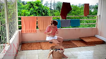 Preview 2 of Solo Strip Porn - Naked laundry. The maid is drying clothes in the laundry.