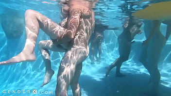 Preview 2 of Take Three Dicks - GenderX - Pool Party Turns Into Wild Trans Orgy