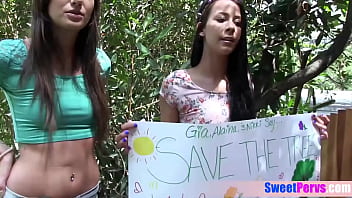 Preview 1 of Joga Xxxi Video Hd - Teens Alaina Kristar, Nikki Silvia and Gia Paige saving the trees with their shaved pussies