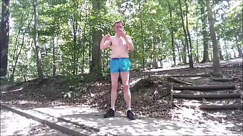 Preview 1 of Yoporn Com - Crazy Naked Jack Off On Very Busy Park Trail  7-2016