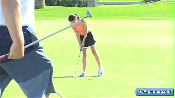 Preview 2 of Saggy Lesbo Granny - Sexy teen amateur cutie girl Adria flash her perky tits on the golf course