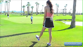 Preview 1 of Saggy Lesbo Granny - Sexy teen amateur cutie girl Adria flash her perky tits on the golf course