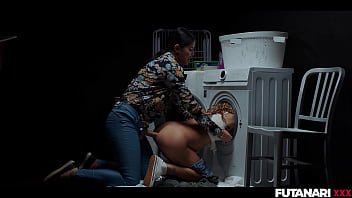 Preview 4 of Gando Nokrani - STUCK in the Washing Machine! Trans Shemale Grows Futa Cock And Fucks Female Slut with Anal Creampie