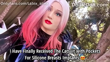 Preview 1 of Sapna Choudray - Wearing Latex Catsuit with Fake Silicone Breasts for the first time
