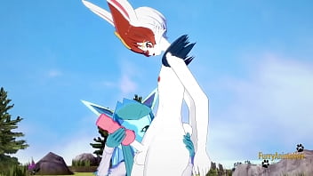 Preview 2 of Erobic Bbw - Pokemon Hentai Furry Yiff 3D - Glaceon handjob and fucked by Cinderace with creampie