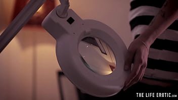 Preview 1 of Tube Milf Memphis - Big-titted beauty studies her hairy pussy with a magnifying glass