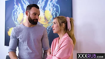 Preview 2 of Sil Pek Desi - Small tits blonde Aiden Ashley massage guys big dick before she sucked his hard penis