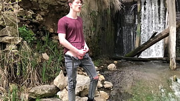Preview 2 of Chastity Belt Daughter - Hot Hunk Jerking his Big Dick (23cm) in Public Place near the Dam/ Teen Boy