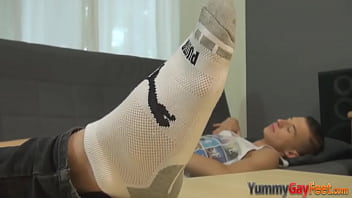 Preview 1 of Mom Son Rassyan - Skinny twink foot tugs cock