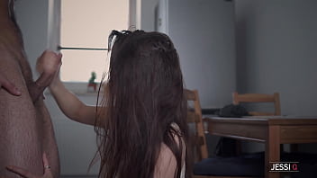 Preview 4 of A Warm Facial For Isis Love - Erotic sex on kitchen table with hot brunette amateur Jessi Q