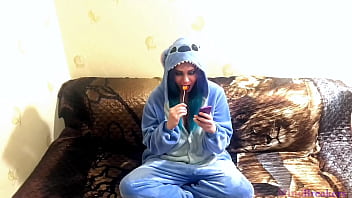 Preview 1 of Hindi Sexi Hot Girl - Emo girlfriend sucks lollipop and something else in Stitch cosplay