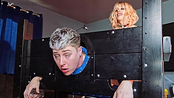 Preview 4 of Wife Sucks To Pay Debt - Trans domme beats and fucks FtM in Pillory - Jaq Quicksilver and Cherry Mavrik - MtF dominatrix puts trans man in bondage for punishment - T4T,  stocks,  BDSM,  ts,  spanking,  facefuck