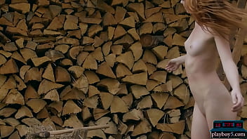 Preview 3 of Ex Pills - Tiny teen Playboy model Kate Great strips naked outdoor chopping wood