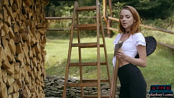 Preview 1 of Ex Pills - Tiny teen Playboy model Kate Great strips naked outdoor chopping wood
