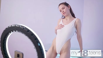 Preview 1 of Oryy - MY18TEENS - Busty girl with long hair in a white bodysuit,  oiled herself up and masturbates
