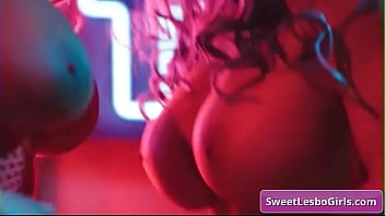 Preview 2 of Supper Fuck - Sexy big tit lesbian hot babes Alexis Fawx,  Angela White fucking deep and lick each other near neon lights