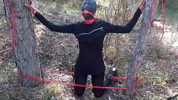 Preview 2 of Sunny Lebean - Outdoor sex in the wood. Wearing sexy clothes and high heels,  bound,  throated and fucked