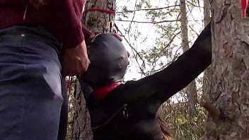Preview 3 of Sunny Lebean - Outdoor sex in the wood. Wearing sexy clothes and high heels,  bound,  throated and fucked