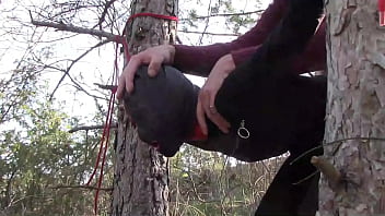 Preview 4 of Sunny Lebean - Outdoor sex in the wood. Wearing sexy clothes and high heels,  bound,  throated and fucked