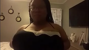 Preview 1 of Bokep Segar - Big tit ebony milf plays with boobs while husband is at work