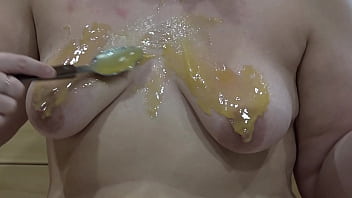 Preview 1 of Teen Belad - Licking hairy pussy with honey Chubby lesbians smeared with honey and make each other sweet cunnilingus Amateur food fetish