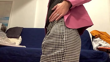 Preview 3 of Old Man Boob Press Video - The pink crossdresser secretary takes some time off