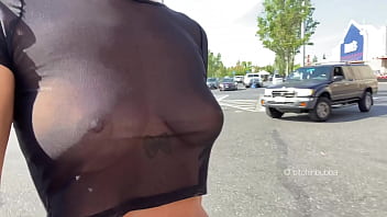Preview 1 of Naucthy America - Walking into the store with see through outfit