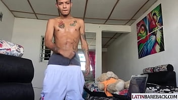 Preview 1 of 18 Year Old Vrigen - Latin stud oils body before jerking thick cock