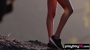Preview 2 of Defloration Japan Teen - Skinny runner babe Ilvy Kokomo stripping during workout outdoor