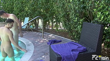 Preview 1 of Open Shirt Tits - Horny brunette guy blows his lover big cock in the pool and swallows cum