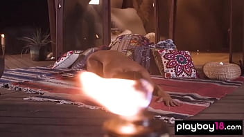 Preview 2 of Saradoll Sex - Flexible MILF yoga instructors Daniella Smith nude workout at night outdoor