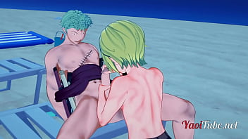 Preview 1 of Messing With Step Brother - One Piece Yaoi - Zoro x Sanji Handjob and Blowjob in a beach - anime Manga Gay