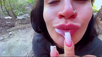 Preview 4 of Home Ssexsex - Sucking in public outdoors near people and getting hot sticky cum in her mouth