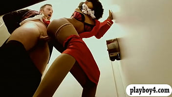 Preview 2 of Amateur Wife Jerks - Nasty ebony stewardess gets twat boned in public toilet