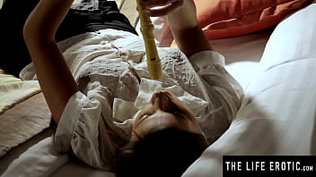 Preview 1 of School Fcuk - Cute sexy girl fucks her wet plump pussy with her flute