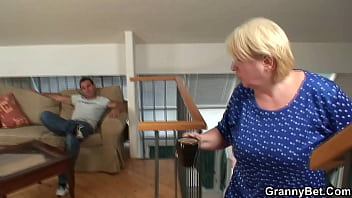 Preview 2 of Fat Granny Family And Son - Busty blonde mature pleases young stranger