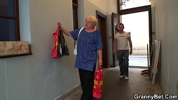 Preview 1 of Fat Granny Family And Son - Busty blonde mature pleases young stranger