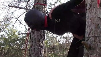 Preview 2 of Inde Xnxx Idekar - Tied up to a tree outdoor on sexy clothes,  wearing pantyhose and high ankle boots heels,  rough fuck