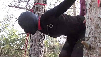 Preview 3 of Inde Xnxx Idekar - Tied up to a tree outdoor on sexy clothes,  wearing pantyhose and high ankle boots heels,  rough fuck