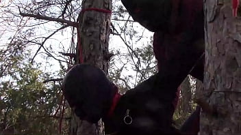 Preview 1 of Inde Xnxx Idekar - Tied up to a tree outdoor on sexy clothes,  wearing pantyhose and high ankle boots heels,  rough fuck